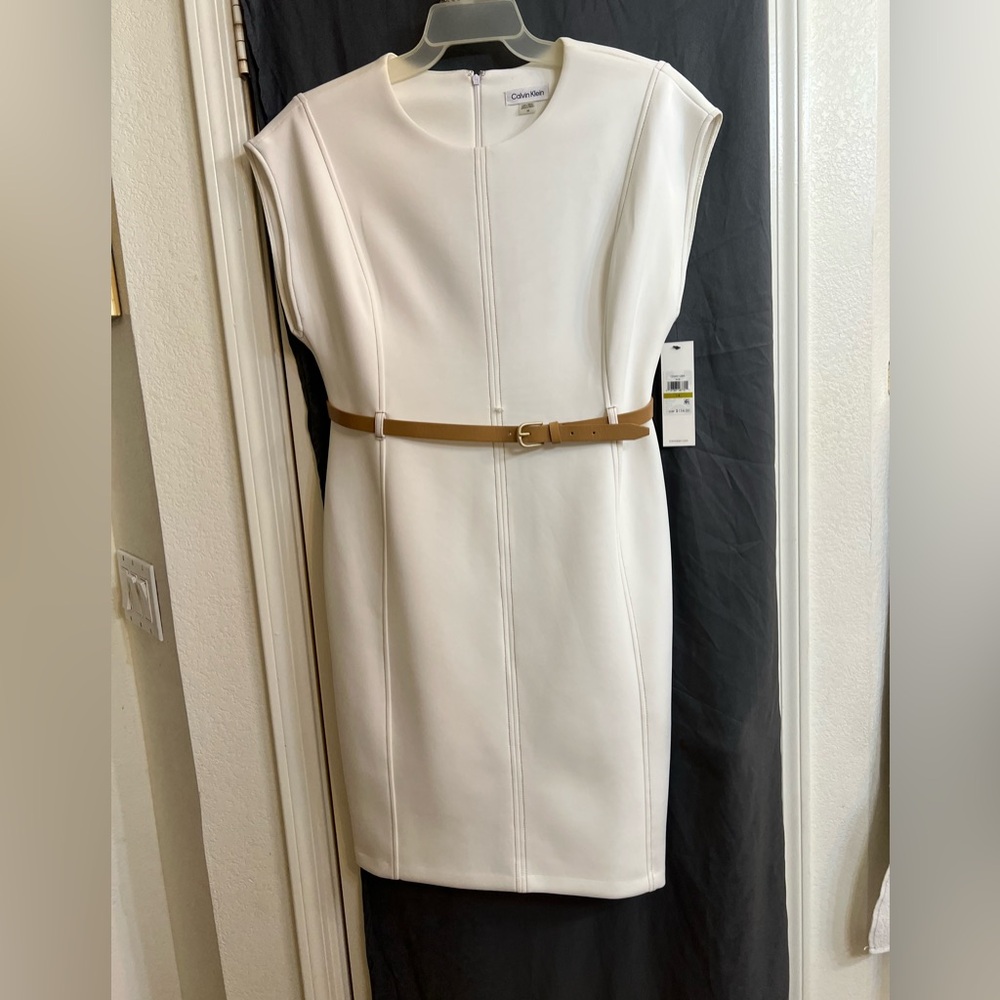 NWT Calvin Klein off White Midi Sheath scuba knee length Dress with Tan Belt 14